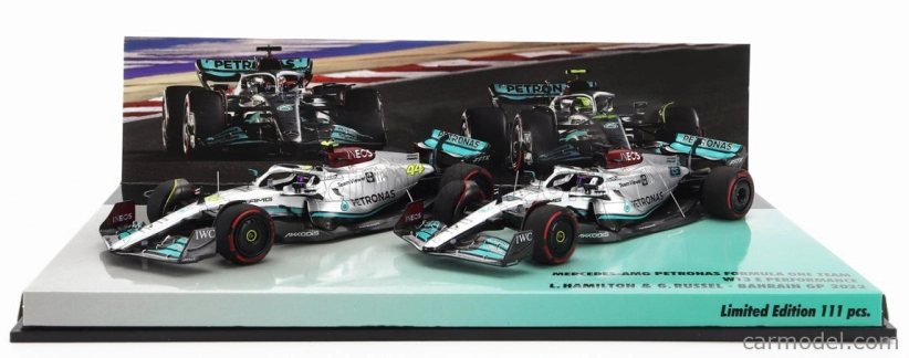 Minichamps Mercedes gp F1 Set 2x W13e Team Mercedes-amg Petronas F1 N 44 3. GP Bahrajnu 2022 Lewis Hamilton + N 63 4. GP Bahrajnu 2022 George Russel 1:43 Silver Green