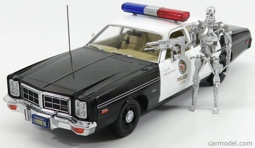 Greenlight Dodge Monaco Police 1977 s figúrkou T-800 - Terminátor 1 1984 1:18 Black White