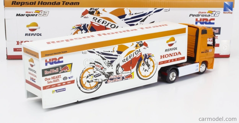 Newray Mercedes Benz Actros 1857 Truck Team Honda Rc213v Repsol Bike Transporter N 93 Majster sveta Marc Marquez - N 26 Dani Pedrosa Sezóna 2017 1:43 Oranžová biela