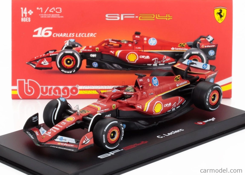 Bburago Ferrari F1 Sf-24 Team Scuderia Ferrari N 16 Winner Italy Monza Gp 2024 Charles Leclerc – With Pilot And Showcase 1:43 červená biela čierna