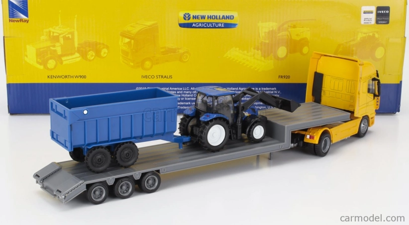 Newray Iveco fiat Stralis 540 Truck Pianale 2009 With New Holland T6.175 Tractor + Trailer 1:43 Žlutá Modrá Černá