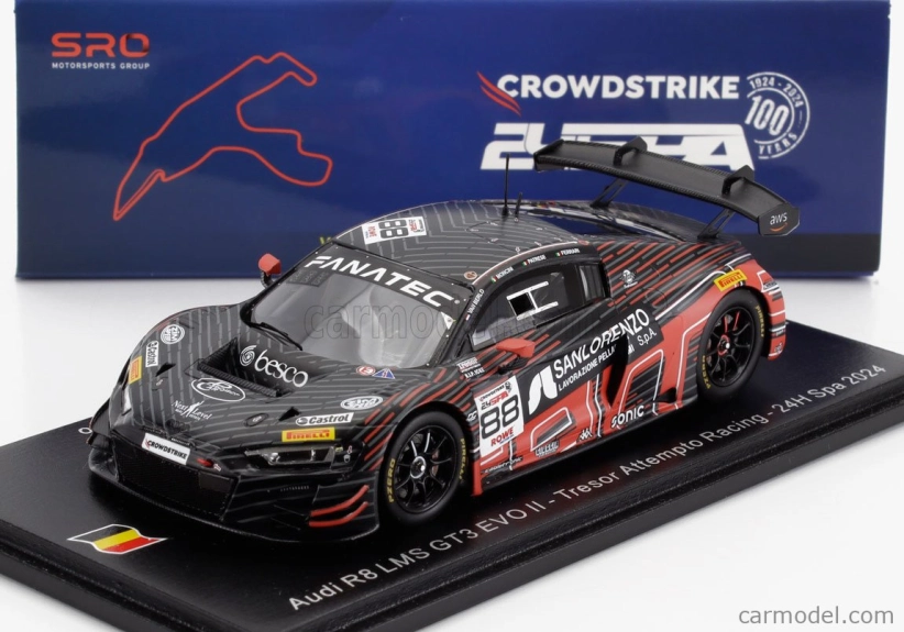 Spark model Audi R8 Lms Gt3 Evo Ii 5.2l V10 Team Tresor Attempto Racing N 88 24h Spa 2024 Leonardo Moncini - Lorenzo Patrese - Lorenzo Ferrari - Glenn Van Berlo 1:43 Grey Red