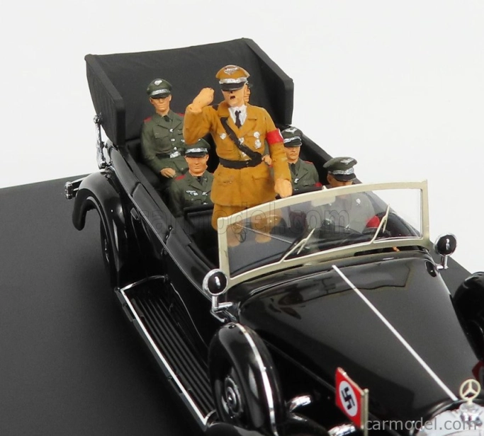 Rio-models Mercedes benz 770k Parade Cabriolet Open 1938 With Figures Adolf Hitler - Hermann Göring - Heinrich Himmler - Reinard Heydrich - Joseph Goebbels - Ss Driver Erich Kempka 1:43 Military Black