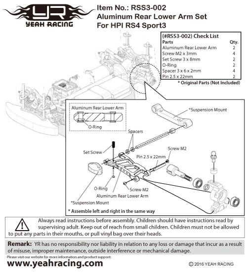 Hliníkové zadní spodní ramena pro HPI RS4 SPORT3 Oranžové