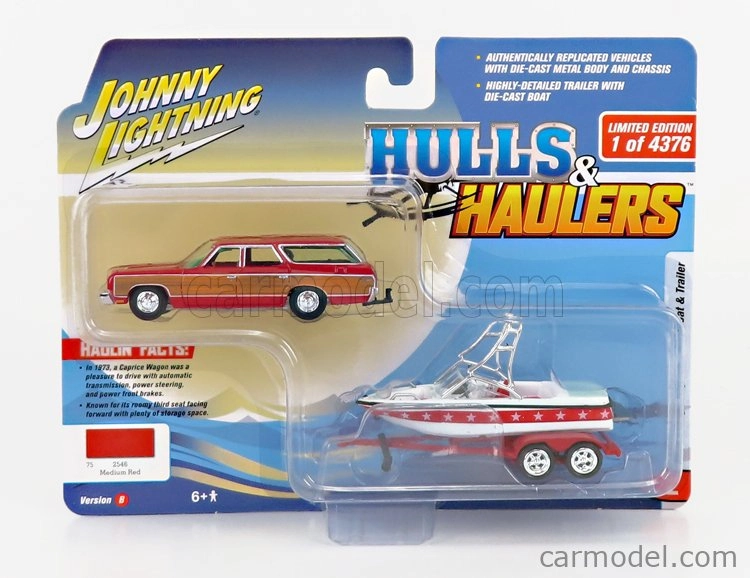 Johnny Lightning Chevrolet Caprice s prívesom a loďou 1973 1:64 Červené drevo