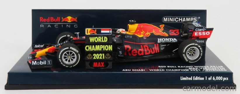 Minichamps Red bull F1 Rb16b Honda Ra620h Team Aston Martin N 33 Winner Abu Dhabi Gp Majster sveta s Pit Board 2021 Max Verstappen 1:43 Matná modrá žltá červená