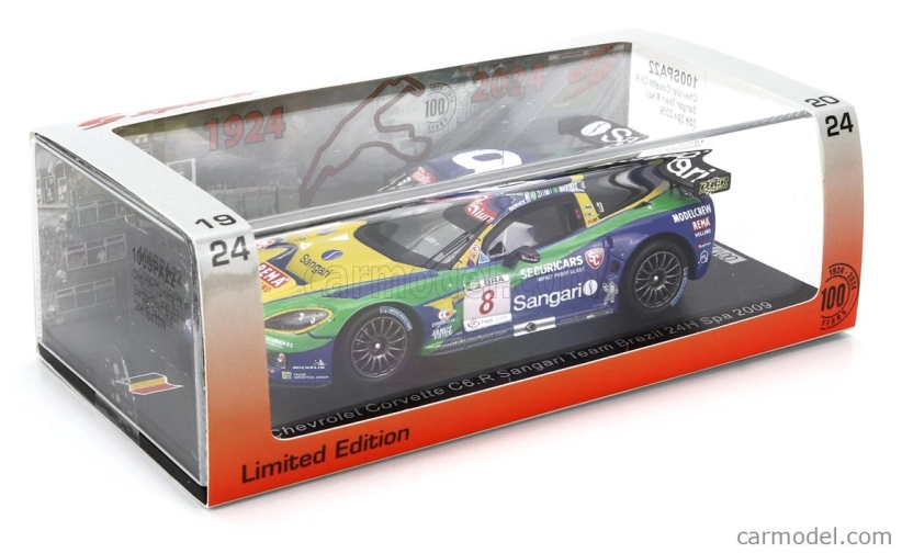 Spark-model Chevrolet Corvette C6.r Z06 Team Sangari Brazil N 8 24h Spa 2009 Enrique Bernoldi - Xavier Maassen - Roberto Streit 1:43 Modrá Zelená Žlutá