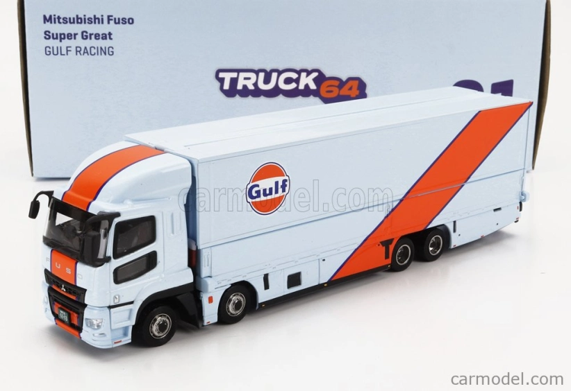 Tarmac Mitsubishi Fuso Truck Car Transporter Gulf Racing Livery 4-assi 2023 - autá nie sú súčasťou balenia 1:64 svetlo modrá oranžová