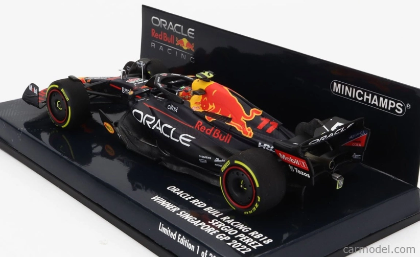 Minichamps Red bull F1 Rb18 Team Oracle Red Bull Racing N 11 Winner Singapore Gp 2022 Sergio Perez 1:43 Matná modrá žltá červená