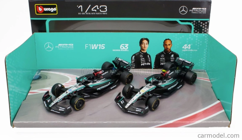 Bburago Mercedes gp Set F1 2x W15 Eq Performance Team Amg Petronas Motorsport N 44 Season 2024 Lewis Hamilton + N 63 Season 2024 George Russell 1:43 čierna strieborná zelená
