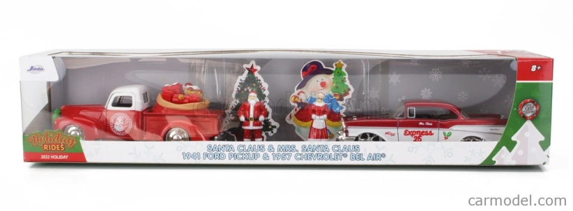 Jada Ford usa Set Holiday Rides 2022 - Pick-up 1941 s Chevroletom Bel Air 1957 so Santa Clausom (Babbo Natale) a pani Santa Clausovou figúrkami 1:32 červená s bielou