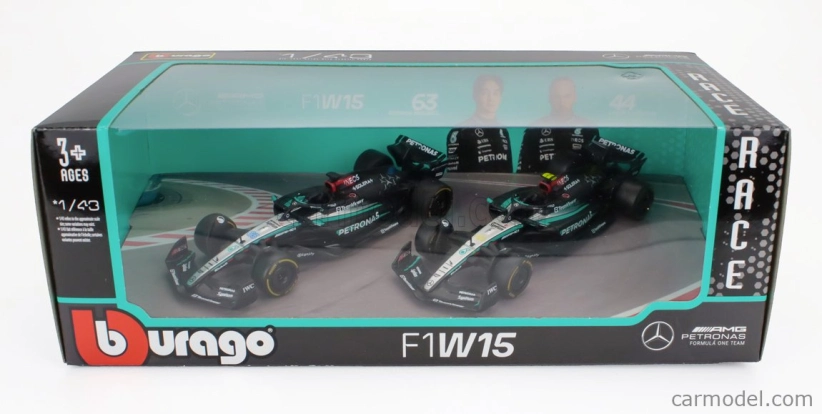 Bburago Mercedes gp Set F1 2x W15 Eq Performance Team Amg Petronas Motorsport N 44 Season 2024 Lewis Hamilton + N 63 Season 2024 George Russell 1:43 čierna strieborná zelená
