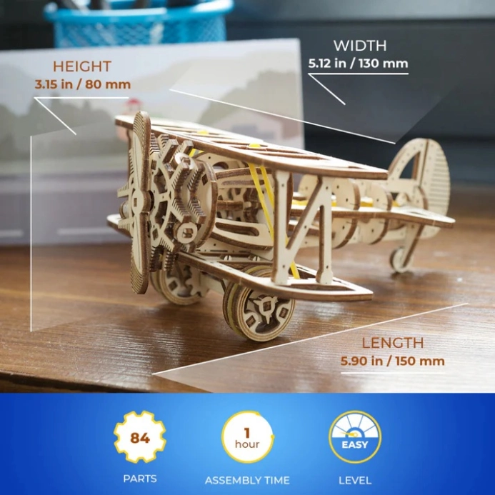 Ugears 3D dřevěná mechanická skládačka Mini dvojplošník