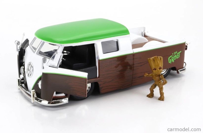 Jada Volkswagen T1 Double Cabine Pick-up 1963 s figúrkou Groota - Strážcovia Galaxie 1:24 Hnedá Biela Zelená