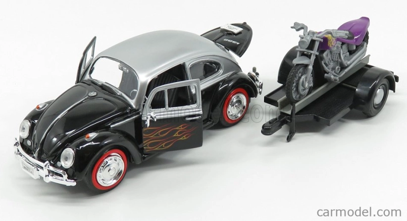 Motor-max Volkswagen Beetle Maggiolino + Trailer With Motorcycle 1959 1:24 Černá Stříbrná
