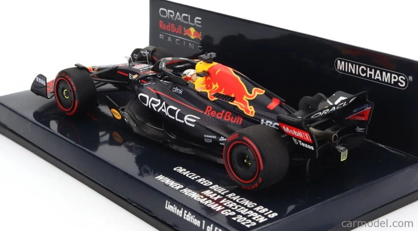 Minichamps Red bull F1 Rb18 Team Oracle Red Bull Racing N 1 Winner Hungarian Gp World Champion 2022 Max Verstappen 1:43 Matná modrá žltá červená