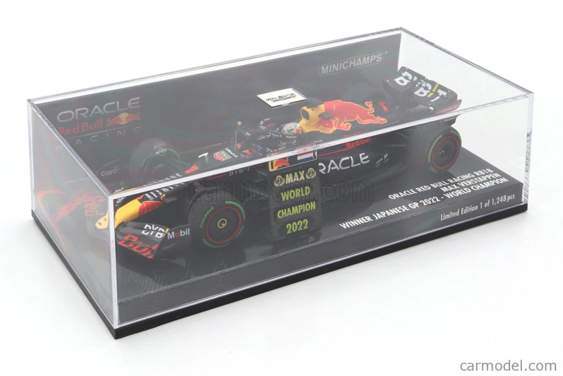 Minichamps Red bull F1 Rb18 Team Oracle Red Bull Racing N 1 World Champion Winner Japan Gp With Pit Board 2022 Max Verstappen 1:43 Matná modrá žltá červená