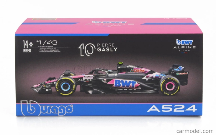 Bburago Alpine F1  A524 Team Bwt Alpine N 10 Season 2024 Pierre Gasly - With Pilot And Showcase 1:43 Černá Modrá Růžová