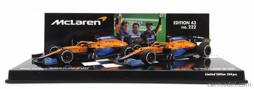 Minichamps Mclaren F1 Set 2x Coffret Mcl35l Mercedes M12 Eq Power+ Team Mclaren N 3 Winner Italy Gp 2021 Daniel Ricciardo + N 4 2nd Italy Gp 2021 Lando Norris 1:43 Orange Light Blue