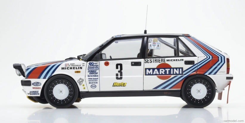Kyosho Lancia Delta Hf Integrale 4wd Team Martini Racing (nočná verzia) N 3 Winner Rally Montecarlo 1988 Bruno Saby - Jean Francois Fauchille 1:18 Biela modrá červená