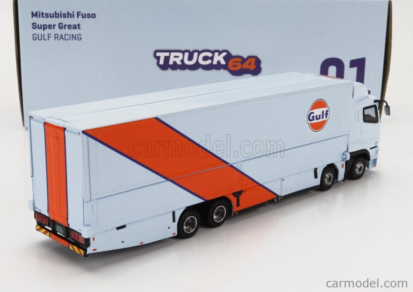 Tarmac Mitsubishi Fuso Truck Car Transporter Gulf Racing Livery 4-assi 2023 - autá nie sú súčasťou balenia 1:64 svetlo modrá oranžová