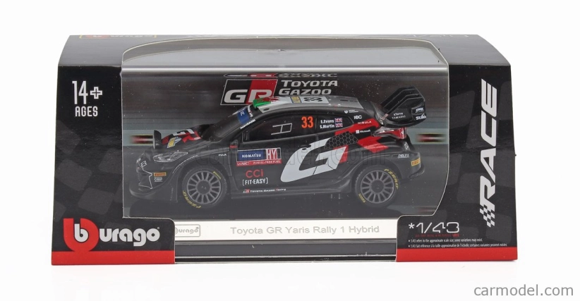 Bburago Toyota Yaris Gr Rally1 Team Gazoo Racing Wrt (nočná verzia) N 33 Rally 2024 Elfyn Evans - Scott Martin 1:43 Black