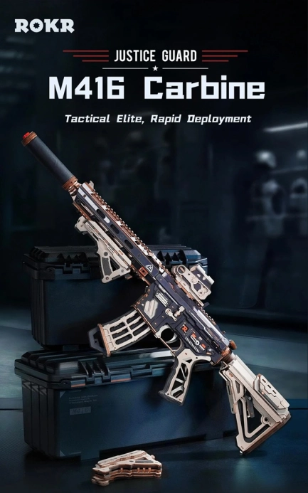 RoboTime 3D dřevěná skládačka Puška na vystřelování gumiček M416 Carbine