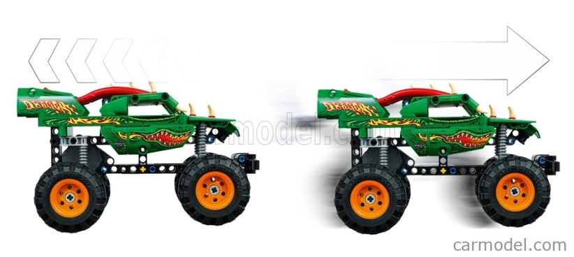 Lego Truck Lego Technic - 2 v 1 - Monster Jam Dragon Pull Back - 217 dielikov - zelená