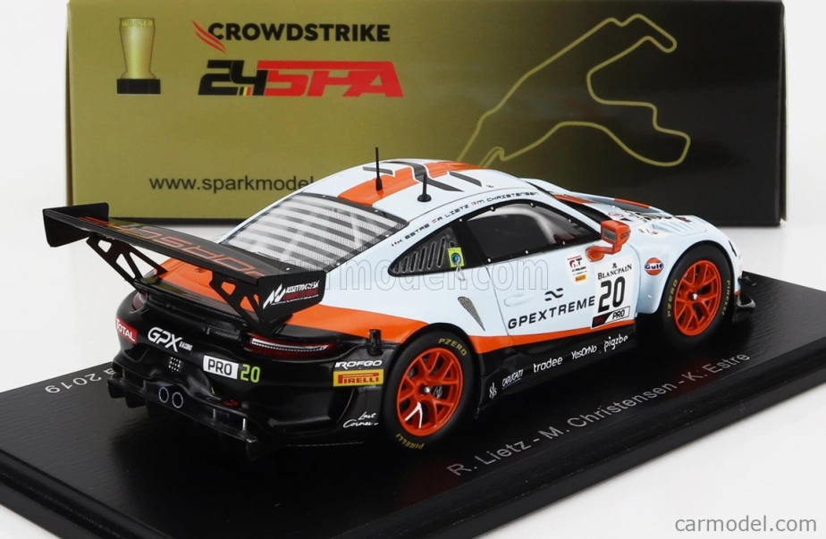 Iskrový model Porsche 911 991 Gt3 R 4.0l Flat-6 Team Gpx Racing N 20 Winner 24h Spa 2019 Richard Lietz - Michael Christensen - Kevin Estre 1:43 Svetlomodrá Oranžová Čierna