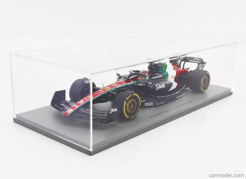 Spark-model Alfa romeo F1  C43 Team Stake N 77 Monza Italy Gp 2023 Valtteri Bottas 1:18 Černá Červená Bílá Zelená