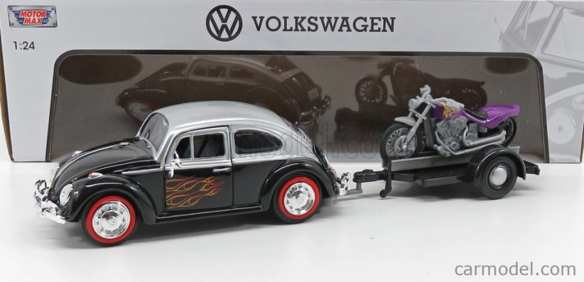 Motor-max Volkswagen Beetle Maggiolino + Trailer With Motorcycle 1959 1:24 Černá Stříbrná