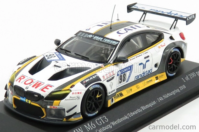 Minichamps BMW radu 6 M6 Gt3 Team Rowe Racing N 98 24h Nurburgring 2018 N.catsburg - R.westbrook - J.edwards - T.blomqvist 1:43 Bielo žltá