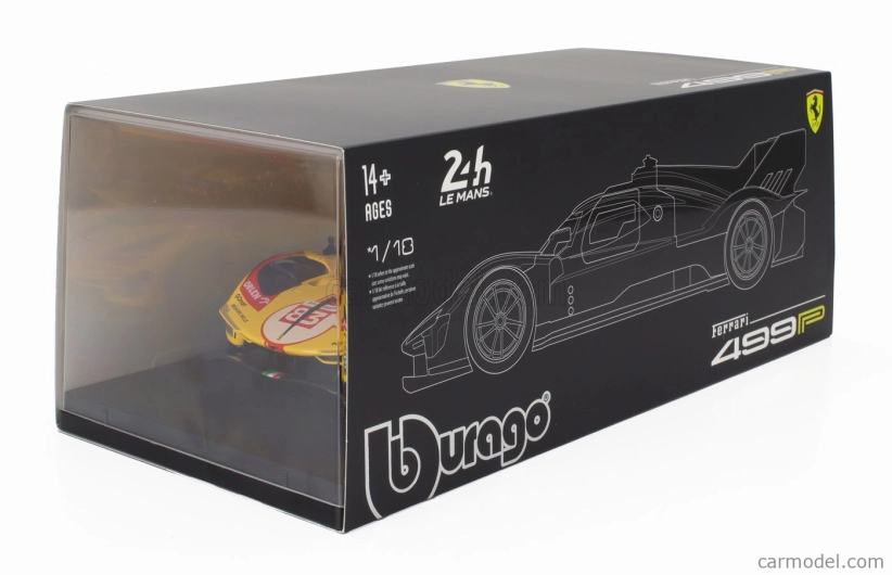 Bburago Ferrari 499p 3.0l Turbo V6 Team Af Corse N  83 24h Le Mans 2024 Robert Kubica - Robert Shwartzman - Yifei Ye - Con Vetrina - With Showcase 1:18 Žlutá Červená