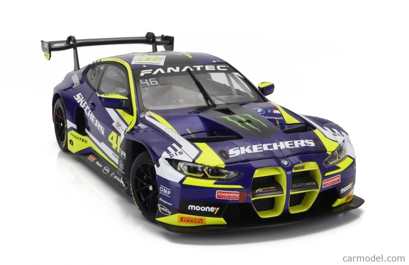 Minichamps BMW radu 4 M4 Gt3 Team Wrt N 46 Víťaz Gtwce Gt World Challenge Europe Sprint Cup Misano Taliansko 2023 - Valentino Rossi - Maxime Martin 1:18 Fialová Žltá Čierna