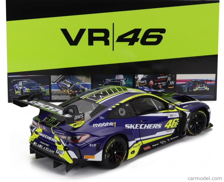 Minichamps BMW radu 4 M4 Gt3 Team Wrt N 46 Víťaz Gtwce Gt World Challenge Europe Sprint Cup Misano Taliansko 2023 - Valentino Rossi - Maxime Martin 1:18 Fialová Žltá Čierna