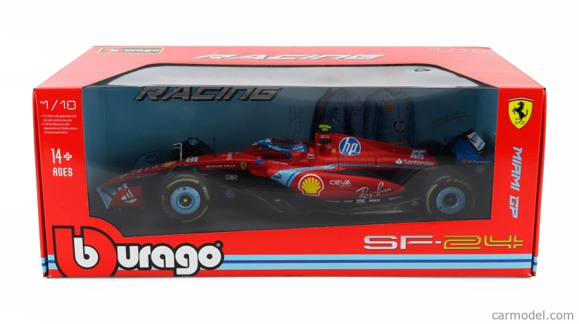 Bburago Ferrari F1  Sf-24 Team Scuderia Ferrari N 55 5th Miami Gp 2024 Carlos Sainz 1:18 Červená Černá Světle Modrá