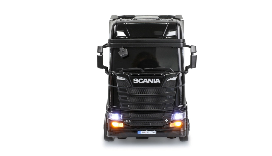RC licencovaná Scania 730 S s návesom, GYRO, driftovacia, proporcionálny pohon 4x4, 1:64 RTR, čierna