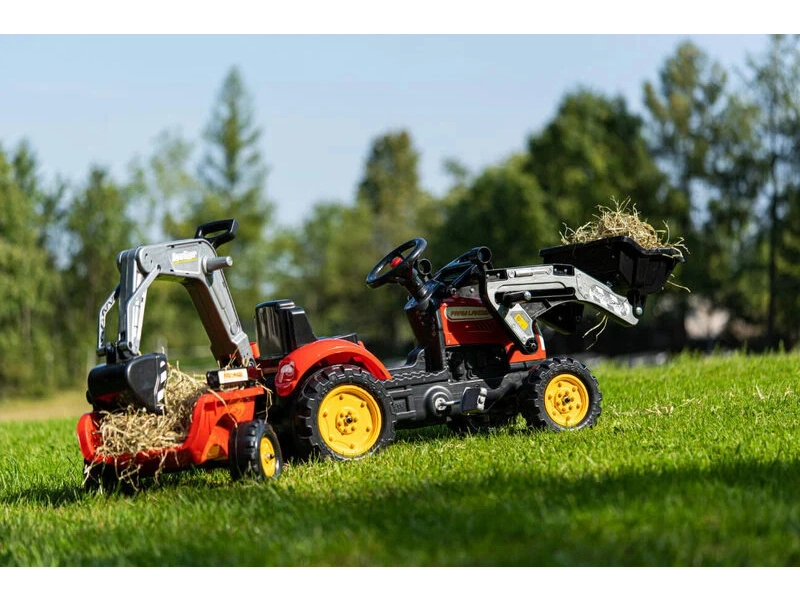 FALK – Šliapací traktor Farm Lander s nakladačom, rýpadlom a vlečkou červený