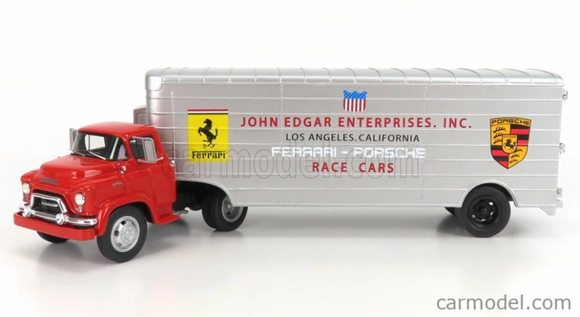 Schuco GMC Truck Car Transporter Team John Edgard Enterprises Inc. Los Angeles California Ferrari - Porsche Race Cars 1950 1:43 Červená Stříbrná