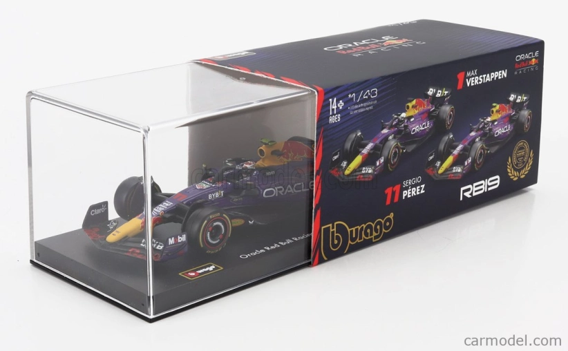 Bburago Red bull F1  Rb19 Team Oracle Red Bull Racing N 11 3rd Las Vegas Usa Gp 2023 Sergio Perez - With Pilot And Showcase 1:43 Fialová Žlutá Červená