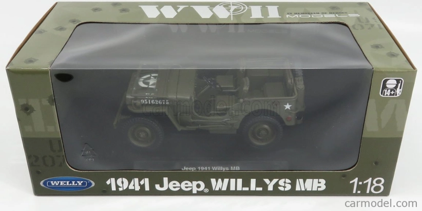 Welly Jeep Willys 1/4 Mb Usa Army Open 1942 1:18 Vojenská zelená