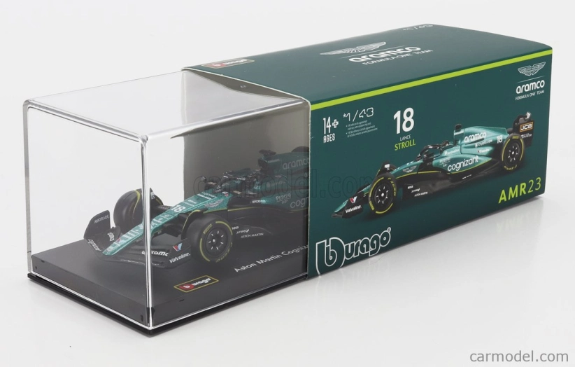 Bburago Aston martin F1 Amr23 Team Aramco Cognizant N 18 Season 2023 Lance Stroll – With Pilot And Showcase 1:43 zelená