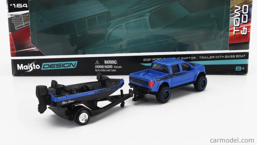 Maisto Ford USA F-150 Svt Raptor Pick-up With Bass Boat And Trailer 2021 1:64 modrá čierna