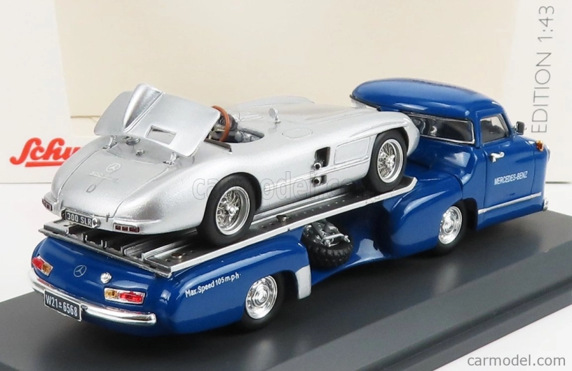 Schuco Mercedes benz Racing Car Transporter Truck Rennwagen 1955 With 300 Slr Spider 1:43 Modrá Stříbrná