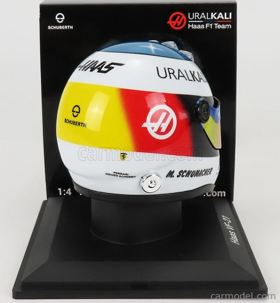Mini prilba Schuberth prilba F1 Casco Prilba Team Haas Vf-21 Belgian Gp Spa 2021 Mick Schumacher 1:4 Biela modrá červená žltá