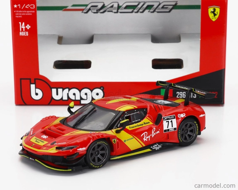 Bburago Ferrari 296 Gt3 3.0l Twin Turbo V6 N 71 Racing 2023 1:43 červená žltá