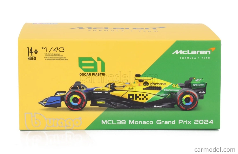 Bburago Mclaren F1  Mcl38 Team Mclaren N 81 2nd Monaco Gp (senna 30th Anniversary) 2024 Oscar Piastri - With Pilot And Showcase 1:43 Žlutá Zelená Černá