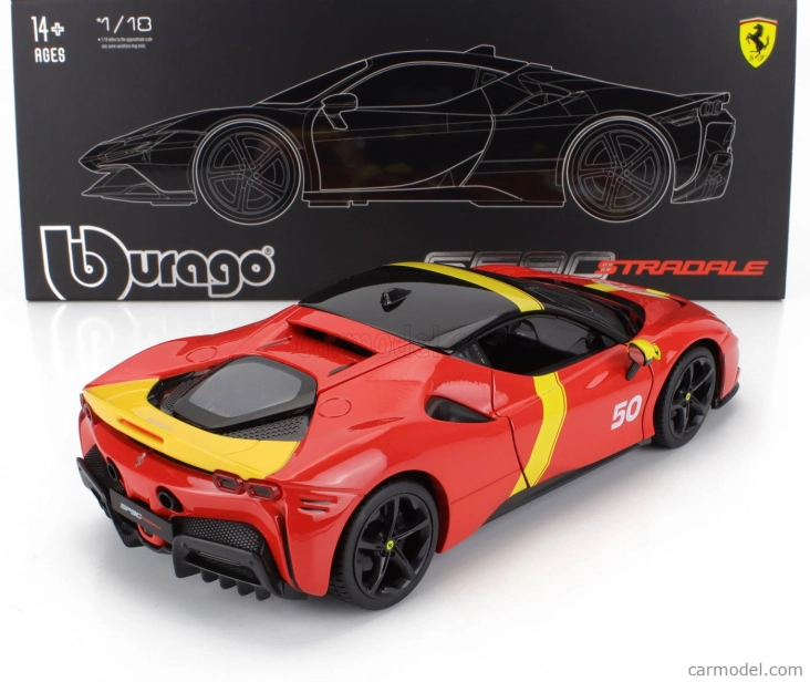 Bburago Ferrari Sf90 Stradale Hybrid 1000hp N 50 24h Le Mans Livery - Con Vetrina - With Showcase - Exclusive Carmodel 1:18 Červená Žlutá