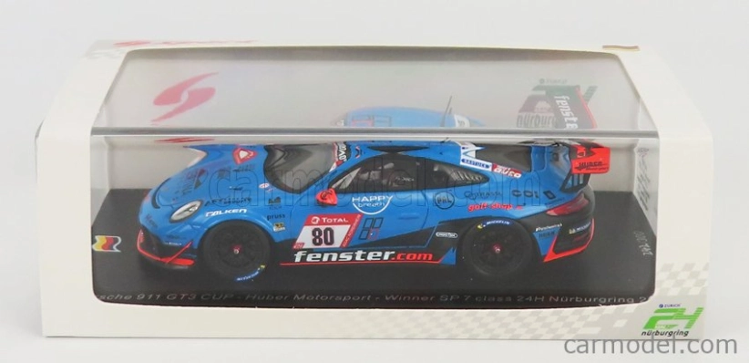 Spark-model Porsche 911 991-2 Gt3 Cup Team Huber Motorsport N 80 Winner Sp7 Class 24h Nurburgring 2021 H.wehrmann - U.berg - M.van Ramshorst - A.mies 1:43 Modrá Černá