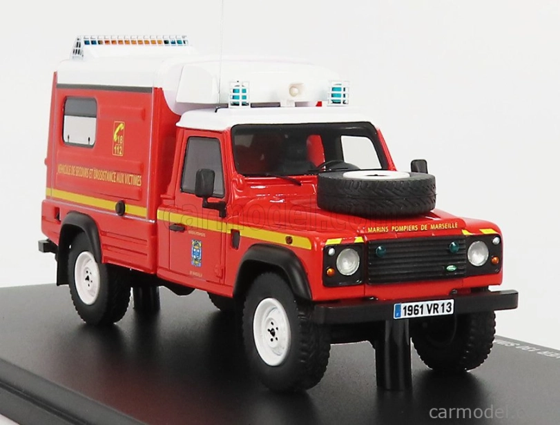Alarme Land rover Defender 130 Pick-up Closed Vsab Tt Bmpm Sapeurs Pompiers Vehicule De Secours Et D'assistance Aux Victimes 1986 1:43 Red White